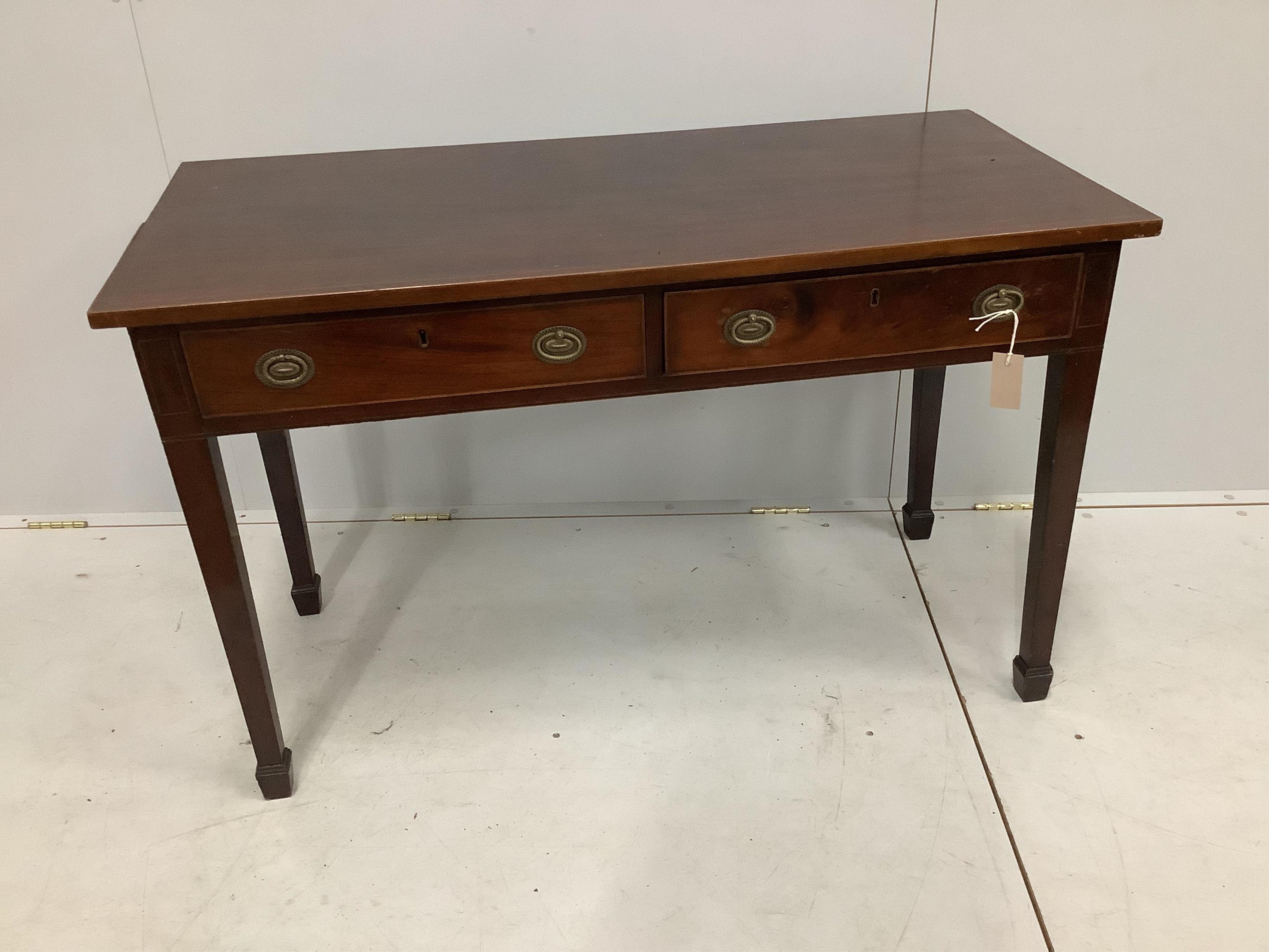 A George III mahogany two drawer side table, width 114cm, depth 54cm, height 70cm